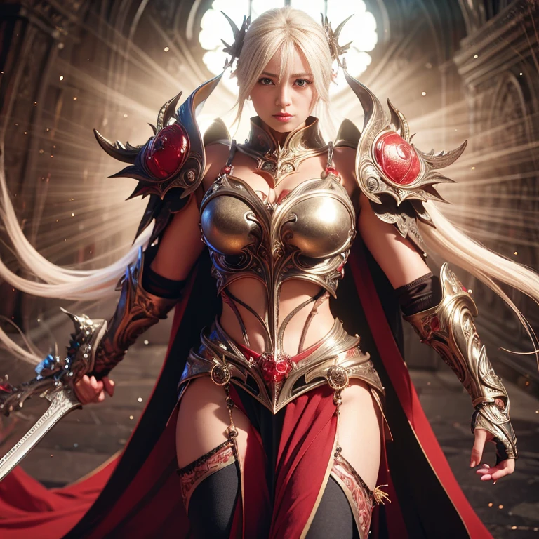 beautiful lady, subtle makeup, photorealistic, high contrast, 8k HD, detailed, hyper-detailed, realistic skin texture, perfect anatomy, perfect female body,
long hair, white hair, big breast, glowing blue eyes, perfect nose, best quality, ultra high res, raw photo, diffuse glow, full body white knight armor, cape, holding crystal sword,
stylish pose, medieval theme