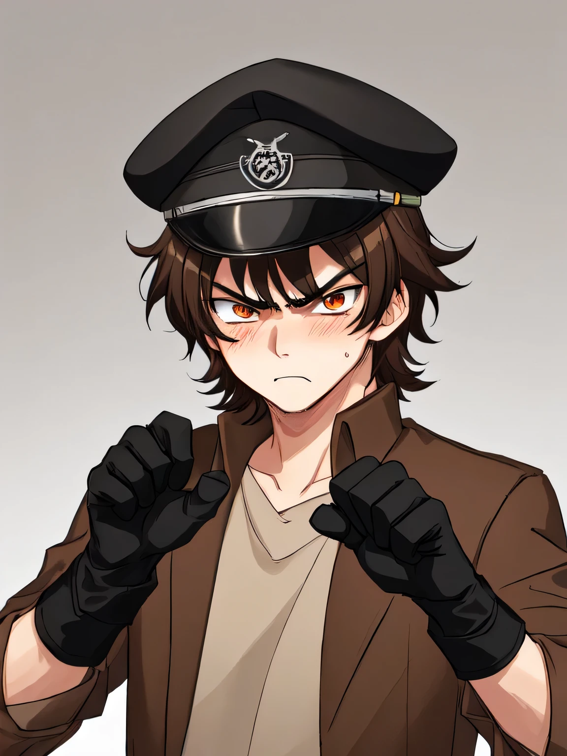 Medium full shot Portrait, 18-year-old boy, dark brown hair, bro flow style, brown eyes, brown jacket, gray sleeves, black pants, black gloves, beige cap, gradient background, angry, blushing, digital art, anime, solo, paw pose
