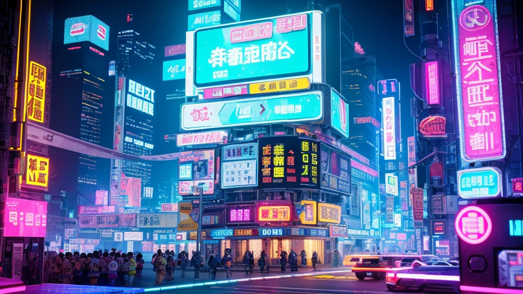 Pixel Games,Set design,Fantastic scene,Cyberpunk Style,Neon color,High saturation,Space City,Lots of signs,temporarily stopped, Pink glow,Computer Circuit,Chinese style signboard