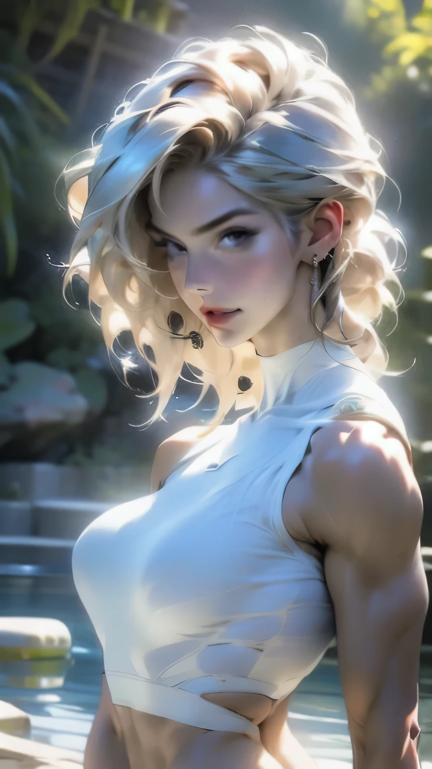 (最high quality, 4K), Beautiful woman, Ultra-realistic, 1 girl, (Huge breasts, Attractive body: 1.2), Abdominal muscles: 1.1, Dark blonde hair: 1.1, (Raindrops), Ultra detailed Face, detailed Lips, detailed Eyes, detailed, Armpit hair, double eyelid, Sensual low-neck dress, Open neckline, Super Big Boobs､Side pose, Visible curves, Pool Party, Lying next to the pool, Golden robe, good, Hairy armpits, Super Short Hair, Spread your legs, Big arms, Big biceps, Realistic armpit hair, Oiled, Sexy pose, ( bodybuilder), masterpiece, 最high quality, high quality, High resolution, (Dynamic pose＿random)