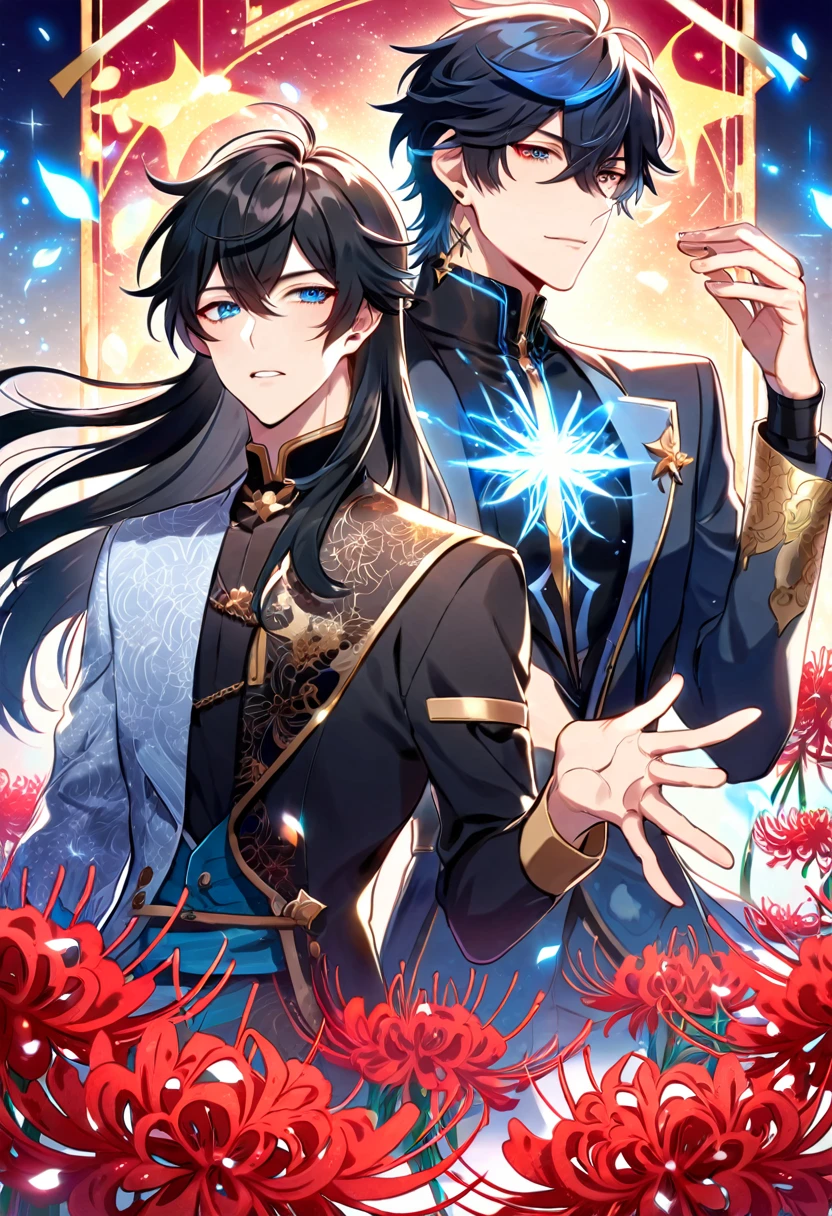(absurdres, highres, ultra detailed, HDR) master piece, best quality, Ren, black long hair, expressive red eyes, honkai star rail, Dan Heng, black long hair, expressive blue eyes, two men together, yaoi, gay couple, handsome, toned chest, black clothes, patterns, magical fantasy, red butterflies, glittering, sparkling, red spider lilies, petals, radiant