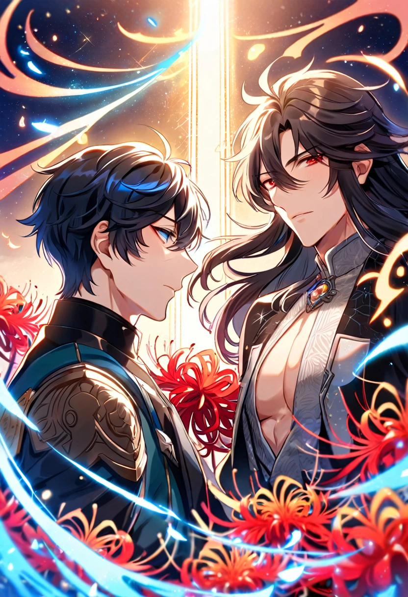 (absurdres, highres, ultra detailed, HDR) master piece, best quality, Ren, black long hair, expressive red eyes, honkai star rail, Dan Heng, black long hair, expressive blue eyes, two men together, yaoi, gay couple, handsome, toned chest, black clothes, patterns, magical fantasy, red butterflies, glittering, sparkling, red spider lilies, petals, radiant