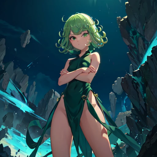 masterpiece, best quality, ultra-detailed, illustration, epic lighting, cinematic composition, 1girl, tatsumaki, flat chest, naked, pelvic curtain, green eyes, glowing eyes, crossed arms, pouting, closed mouth, piercing gaze,standing, legs apart, from below, looking at viewer, blue sky, (8k:1.1)