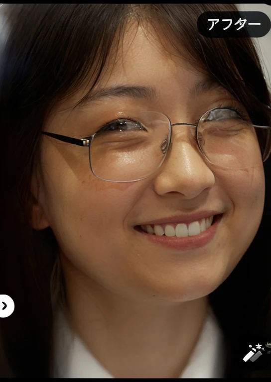 Japanese women, Age 25。Wear glasses、Long Hair、Smiling face with single eyelids。