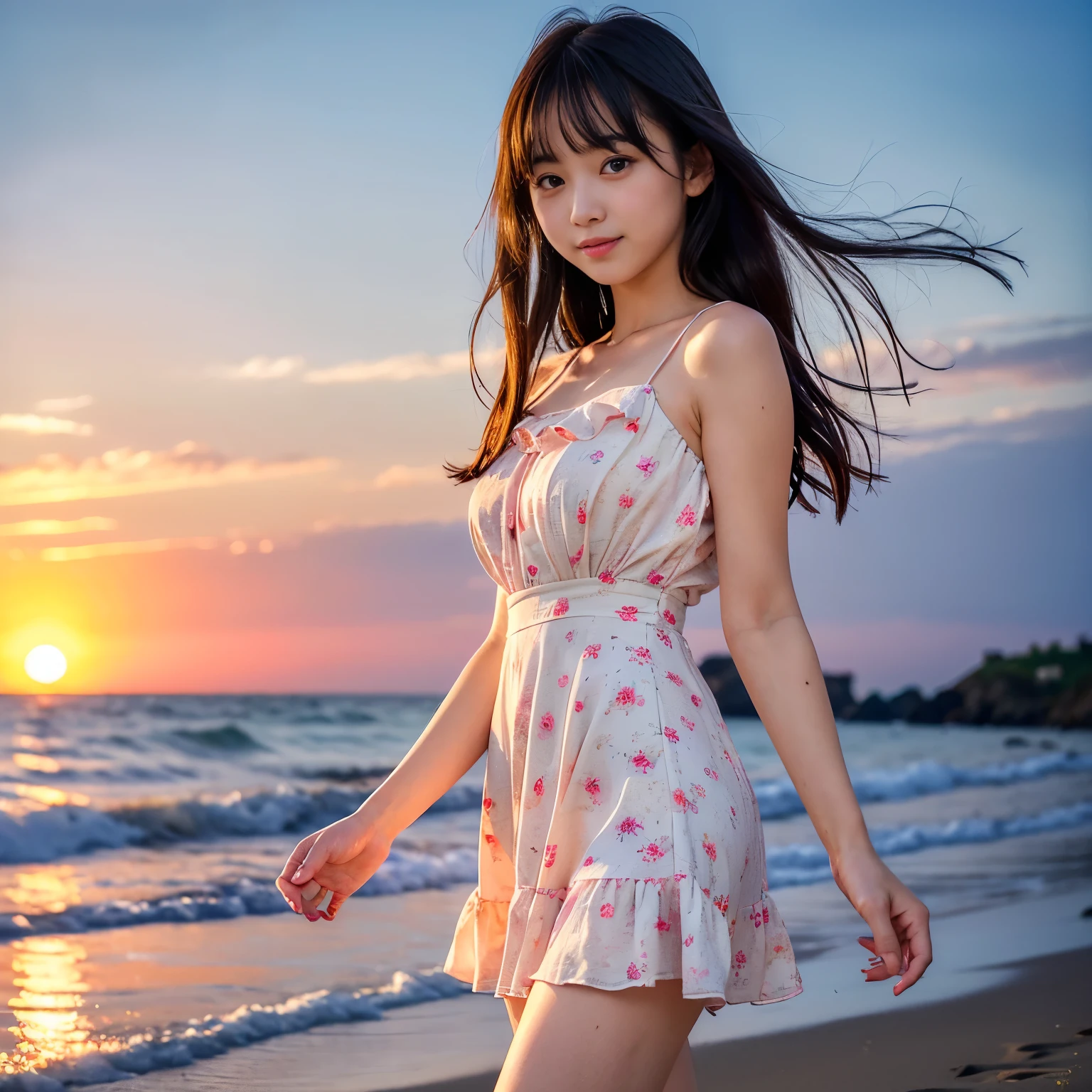 ((Best-quality, Masterpiece, Ultra-High-Resolution, (Photorealistic:1.4), Raw Photo, depth of field, professional lighting, perfect anatomy, extremely details, perfect face, perfect body, perfect hair, perfect hands, perfect fingers)), 1girl, 12-years-old, the most famous Japanese idol, walking along summer beach with sunset, (wearing summer dress with cute-design), serene beach and sunset in background, (extremely cute face like the most popular Japanese idol, ((extremely cute and extremely big eyes)), extremely cute hair, extremely beautiful skins, extremely cute childish-body, extremely cute thighs), looking at viewer, innocent smile