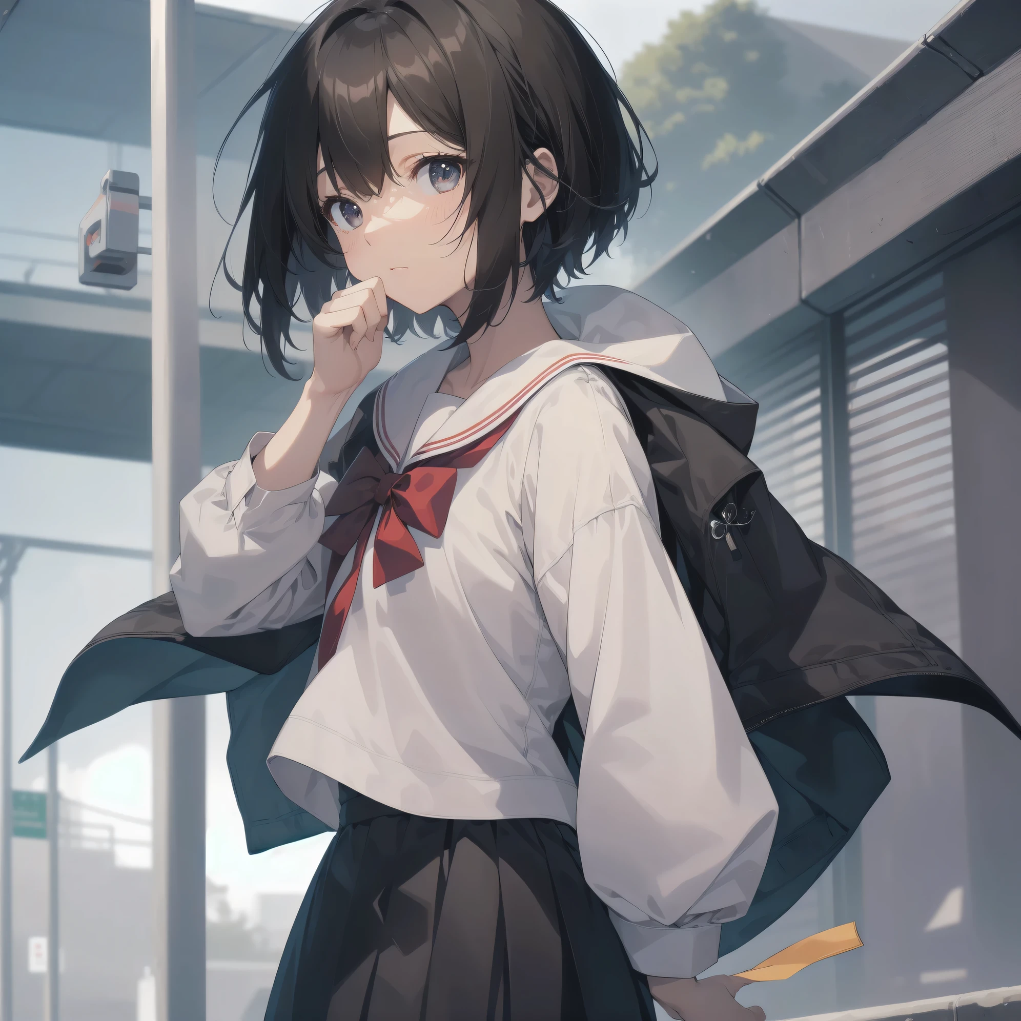 ultra-absurdres-Top quality by artist God, ultra-detailed, high resolution, anime moe artstyle, best anime 8k konachan wallpaper, pixiv contest winner, pool:2810, perfect anatomy,break, 1girl, (Please draw a girl walking sleepily to school alone. )break,(Solo,little female, 13-year-old:1.3),Full limbs, complete fingers,a junior high school student, (very short hair), short cut, flat chest, , small butt, small black eyes, beautiful detailed eyes, well-proportioned iris and pupils, expressive eyes, highres detailed hair, soft expression, salor school_uniform, sailor collar, serahuku, bow, pleated skirt,(Detailed Lighting), (Detailed background), in the School commute route. break,super detailed skin, Best cinematic lighting powered by famous artist, 8k,beauty illustration,photoshop_(medium),very aesthetic,break,((artist:hiroki_(yyqw7151) )), artist:clamp ,artist:carnelian ,artist:kantoku ,