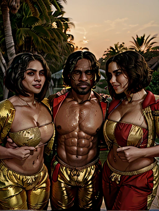 (Best Quality, 2k, Masterpiece, QHD: 1.3, A Handsome short haired african barbarian   man is surrounded by three women up against him touching him and gaze at him, at a mansion, wearing Tracksuits that show off body, perfect bodies, women: long flowing hair, flowers in hair, seductive, materials, golden hour, , jewelry, golden hour, photorealistic, masterpiece, in love, small grin, perfect faces, Flirtatious-groping 