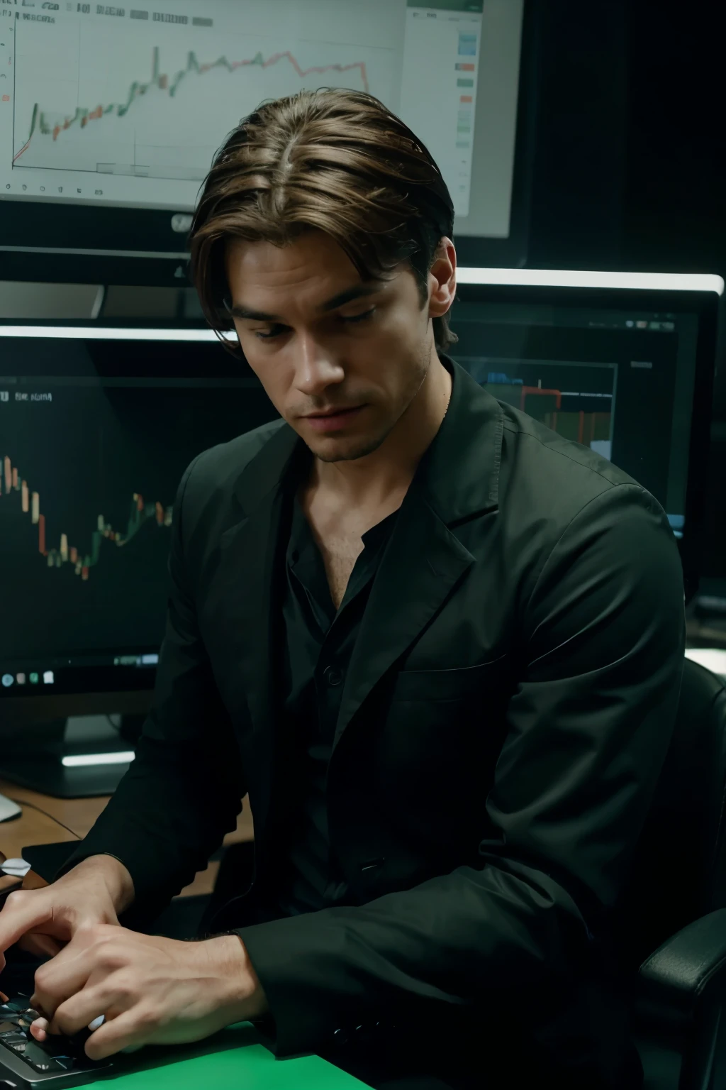 Generate me A picture of an alpha male trading meme coin on a computer with a graph chart Showing the stock rising in green less serious more meme