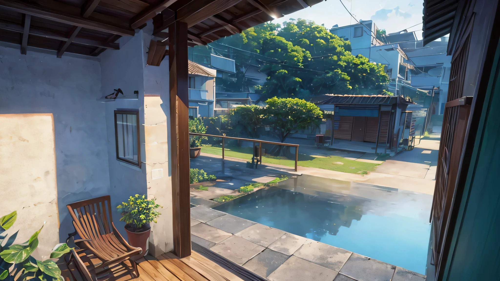 Um garoto lendo um livro perto na varanda, com o som suave da chuva, capturada por Makoto Shinkai, Soft color palette that enhances the atmosphere, lofi music adding a unique sound layer, a (melhor qualidade), 8k resolution), (ultra highres)