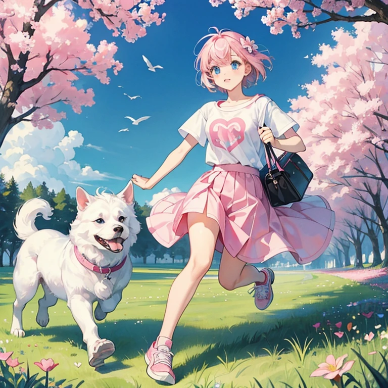 Very big white dog、Dog with black toes、One 、Big eyes、blue eyes、Pink Hair、short hair、T-Shirts,mini skirt,Pink Pochette,Pink sneakers、Running on a dog、flower,grassland、