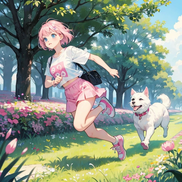 Very big white dog、Dog with black toes、One 、Big eyes、blue eyes、Pink Hair、short hair、T-Shirts,mini skirt,Pink Pochette,Pink sneakers、Running on a dog、flower,grassland、