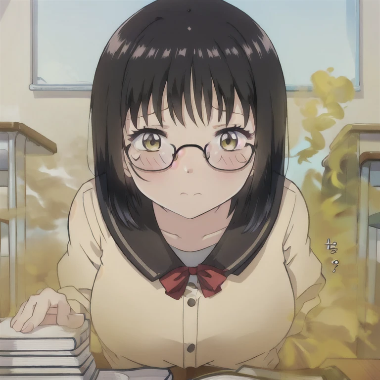 (((Schoolgirl))),wear ,tomboy,Yellow smoke,Attacked by farts, Attack with farts,)),(attacks with farts)),((short hair and glasses)),velocity,, (((Yellow smoke is rising ))),((Hip Attack)),((fart while holding stomach),((Facing this way))),(Black and long hair),​masterpiece:1.2、top-quality)、(the Extremely Detailed CG Unity 8K Wallpapers、ultra-detailliert、Best Shadows)、(Detailed background)、(The best lighting、extremely delicate and beautiful)、depth of fields,((Girl fart)),(big fart),(((((There is textbooks on the table in front of female student.......))))),(((female student attacks with a hip attack..))),(((high-handed female model)),(Matured looks),(((girl enjoys the fart smell))),()),(,((fart text)),(THE TEXT:BBRRPPHHH)),((class room))