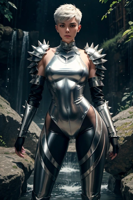 A Russian young man having long legs, thick thighs, large hips, thin and narrow weist, big large feminine body, long legs, thick thighs, large wide hips, very small spikey boyish haircut, wearing metallic silver armour  penis growing in his leggings, waterfall, dynamic pose