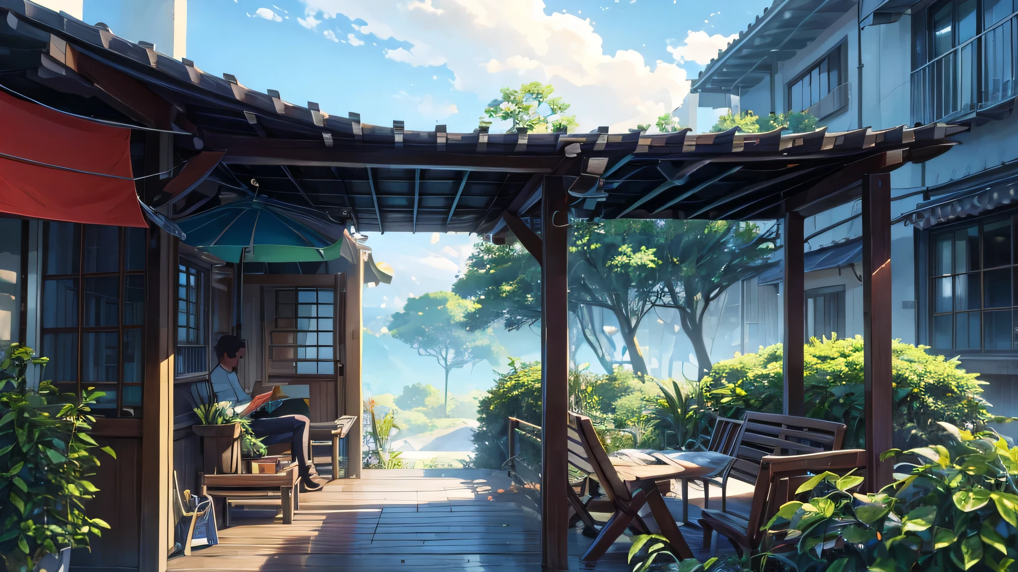 Um garoto lendo um livro perto na varanda, com o som suave da chuva, capturada por Makoto Shinkai, Soft color palette that enhances the atmosphere, lofi music adding a unique sound layer, atmosphere of serenity and conviviality (melhor qualidade), 8k resolution), (ultra highres)