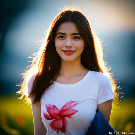 8K images, Shot with a high quality Fuji 45 camera..,000,Raw Photos 45,000,000 pixels,Warm light,) best quality, Masterpiece:1.2), (realistic, photo-realistic:1.37), very detailed,
1 woman,cute, Actions in various postures, alone, red flower,Beautifully detailed sky,at night, Chest 34 inches", charming smile, wide aperture, Warm light, professional lighting, Sony A7R4, 50 mm sitting lens. ,Beautifully detailed eyes,(T-shirt with red and dark blue pattern, Long hair floats up:1.2),floating hair