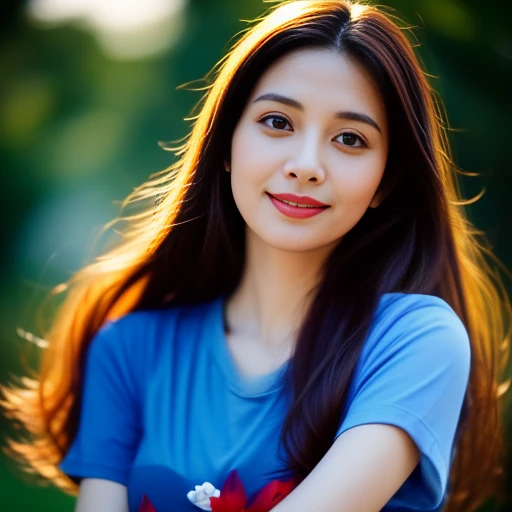 8K images, Shot with a high quality Fuji 45 camera..,000,Raw Photos 45,000,000 pixels,Warm light,) best quality, Masterpiece:1.2), (realistic, photo-realistic:1.37), very detailed,
1 woman,cute, Actions in various postures, alone, red flower,Beautifully detailed sky,at night, Chest 34 inches&quot;, charming smile, wide aperture, Warm light, professional lighting, Sony A7R4, 50 mm sitting lens. ,Beautifully detailed eyes,(T-shirt with red and dark blue pattern, Long hair floats up:1.2),floating hair