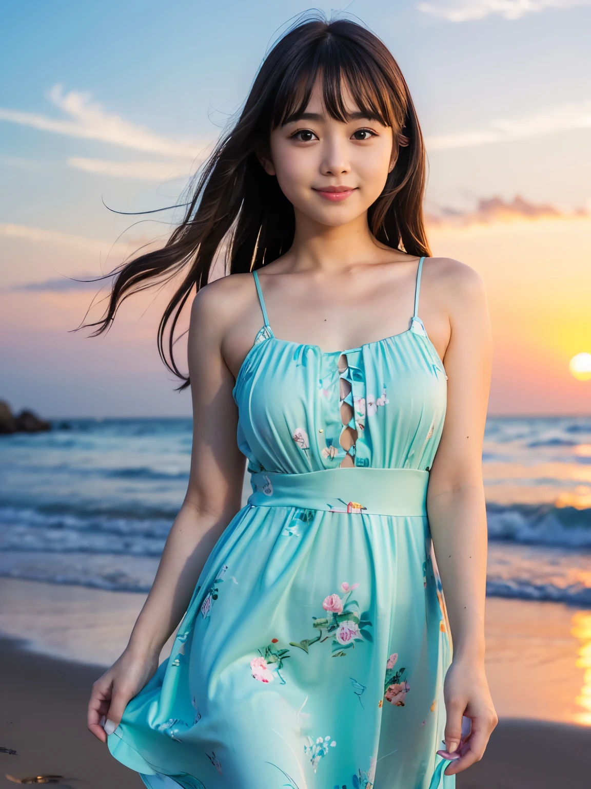 ((Best-quality, Masterpiece, Ultra-High-Resolution, (Photorealistic:1.4), Raw Photo, depth of field, professional lighting, perfect ???????, extremely details, perfect face, perfect body, perfect hair, perfect hands, perfect fingers)), 1girl, 12-years-old, the most famous Japanese idol, walking along summer beach with sunset, (wearing summer dress with cute-design), serene beach and sunset in background, (extremely cute face like the most popular Japanese idol, ((extremely cute and extremely big eyes)), extremely cute hair, extremely beautiful skins, extremely cute childish-body, extremely cute thighs), looking at viewer, innocent smile