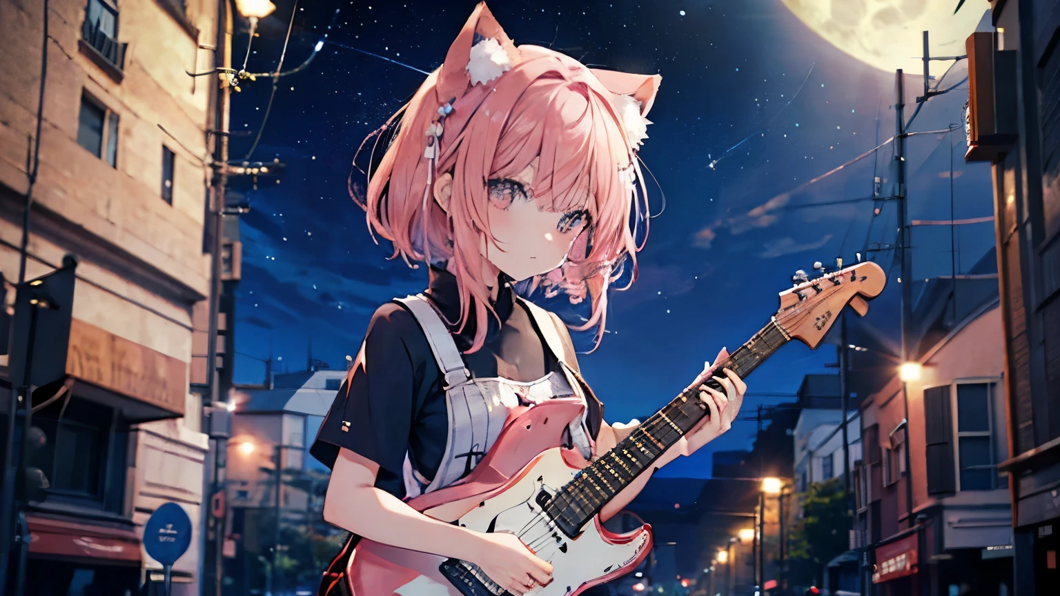 picture a scene of a girl playing the guiter with the moon and stars in the sky. Anime, pink hair, cat ears. That's her charm.