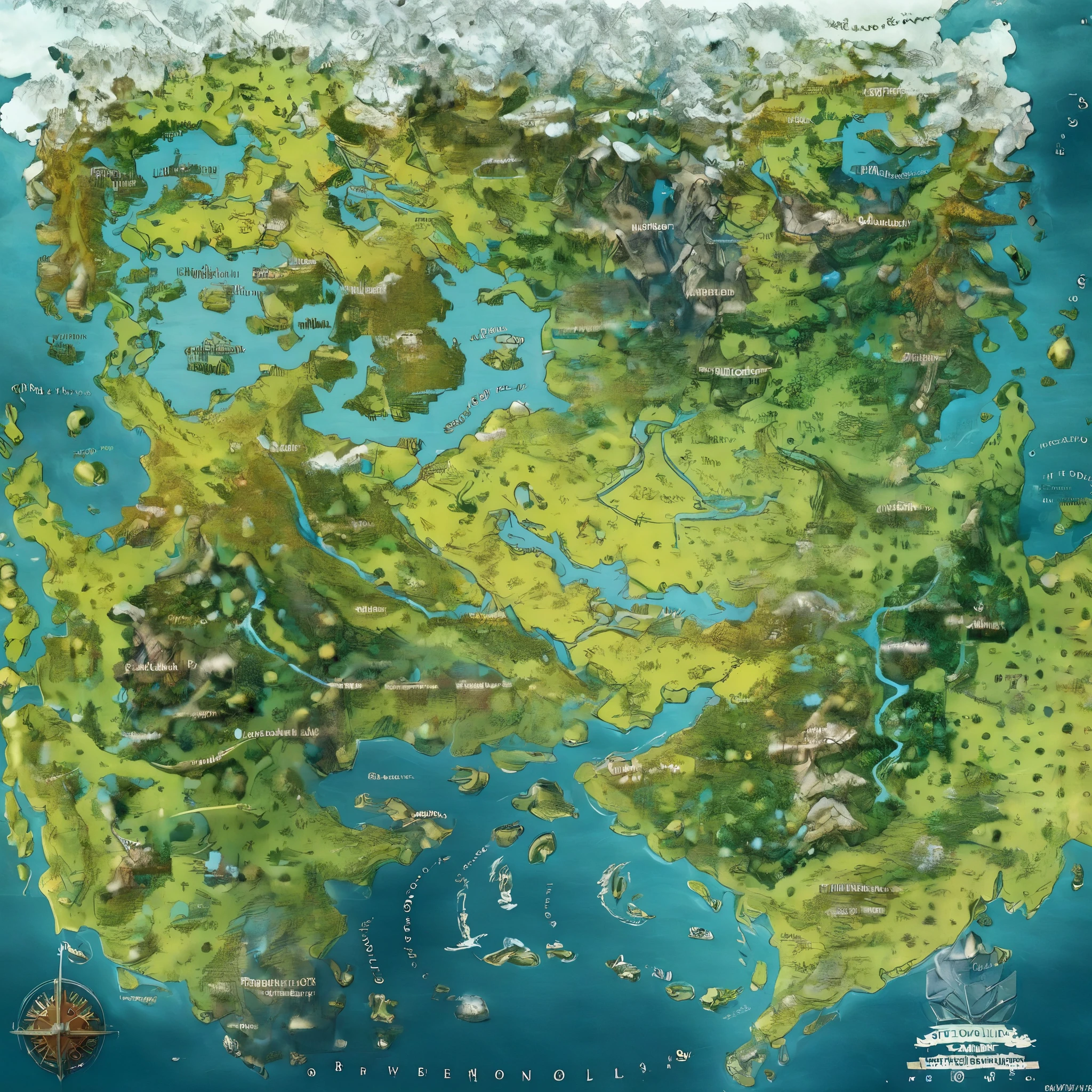 Isometric map of a medieval fantasy magical kingdom, mostrando rios, montanhas, Castelos, aldeias, estradas, with winding cobblestone paths, paredes de pedra, Tabernas, aldeias Forests and green lends,Rios de cores vivas com diferentes distritos, muitas cidades diferentes, estradas, landmarks of a vast magical city, fantasy landscape with Castelos, florestas, aldeias, estradas and geographic features drawn in a realistic painterly style, Magical monsters creatures