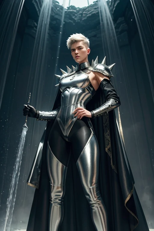 A Russian young man having long legs, thick thighs, large hips, thin and narrow weist, big large feminine body, long legs, thick thighs, large wide hips, very small spikey boyish haircut, wearing metallic silver armour penis growing in his leggings, waterfall, dynamic pose, very large wide hips