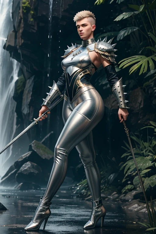 A Russian young man having long legs, thick thighs, large hips, thin and narrow weist, big large feminine body, long legs, thick thighs, large wide hips, very small spikey boyish haircut, wearing metallic silver armour  penis growing in his leggings, waterfall, dynamic pose, very large wide hips 