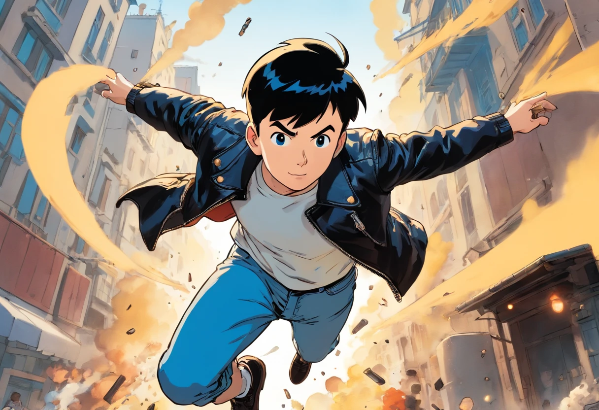 Tintin, male wearing black leather jacket, white t-shirt and blue denim pants, slick and neat short black hair, jump foward in bomber explotion, herge, european comics, action scene background