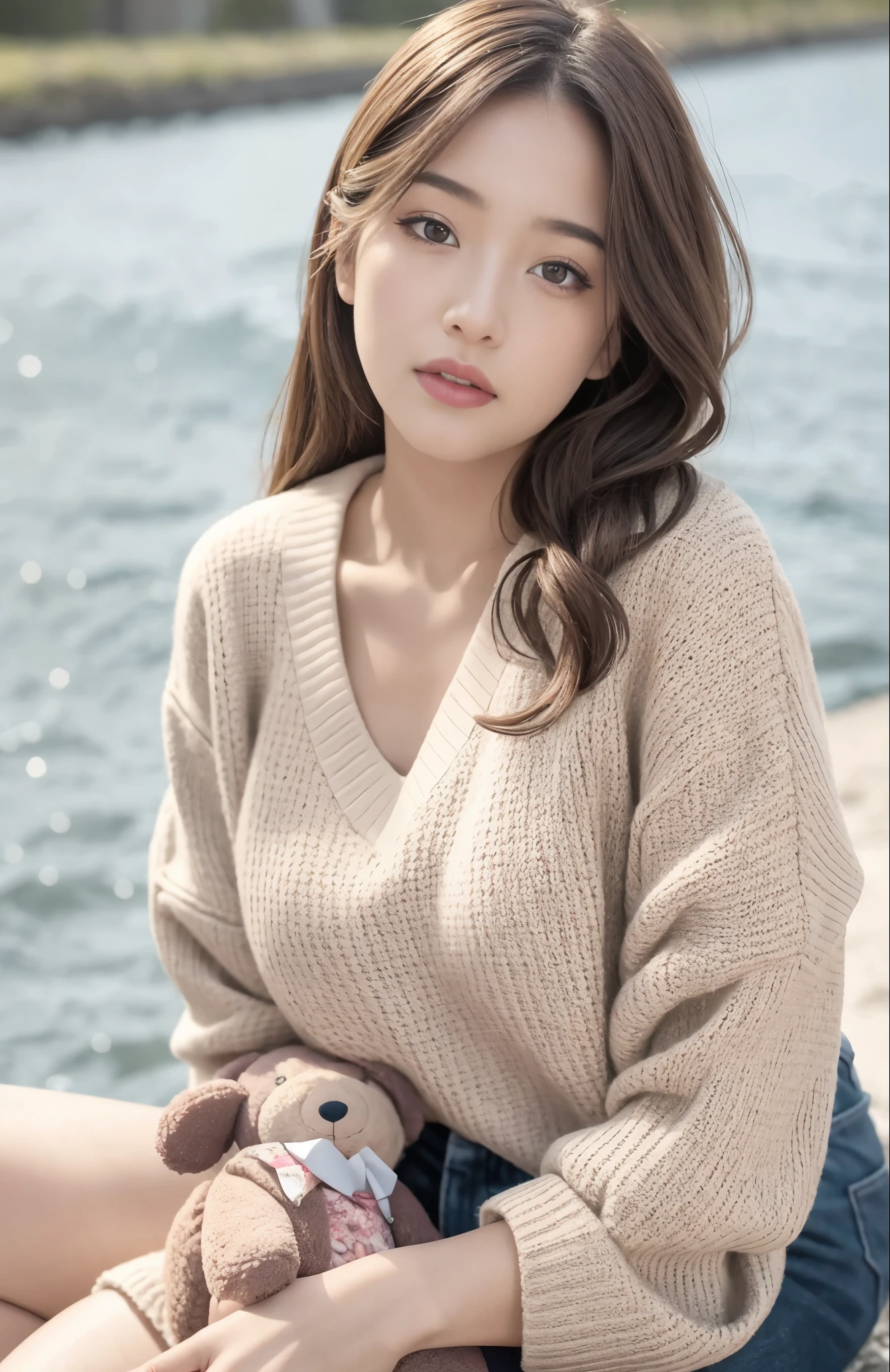 1girl walking on the river, mix4, sweater, pillow, lips, open_mouth, realistic, photo_\(medium\), solo, stuffed_animal, stuffed_toy, teddy_bear, (masterpiece), (realism: 1.3), super detailed, (High detail skin: 1.2), (Best quality: 1.0), (Ultra resolution: 1.0), (ULZZANG-6500: 0.3), wavy detail hair, long hair, sunshine, (beautiful detail makeup), (sexually aroused blush, heavy breath: 1.0), floral theme petals scattered, (soft light bloom: 0.5)