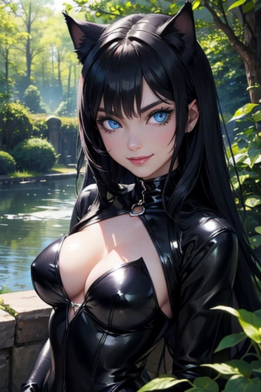 cat woman, goth, black hair, blue eyes, smile, sunlight, forest, garden, water