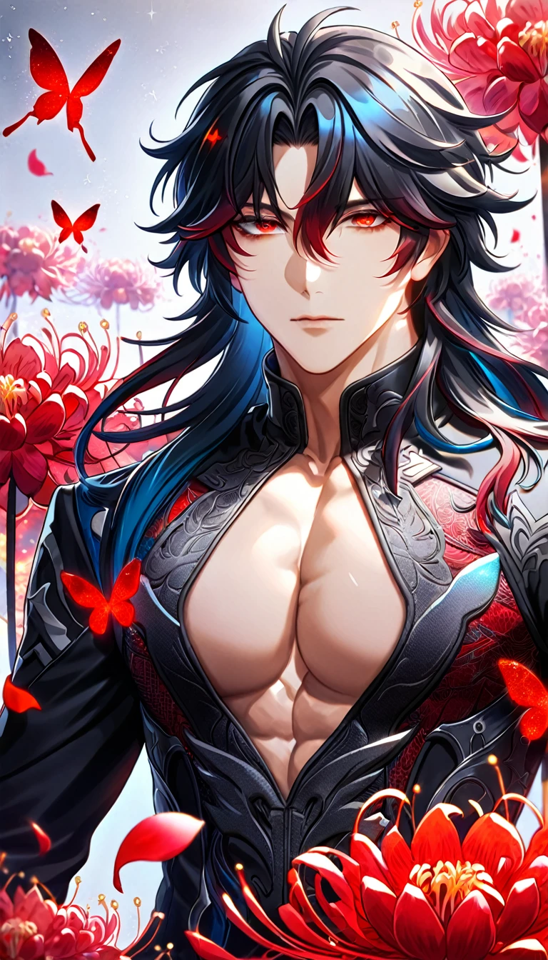 (absurdres, highres, ultra detailed, HDR) master piece, best quality, Ren, black long hair, expressive red eyes, honkai star rail, solo, sexy man, handsome, toned chest, black clothes, patterns, magical fantasy, red butterflies, glittering, sparkling, red spider lilies, petals, radiant