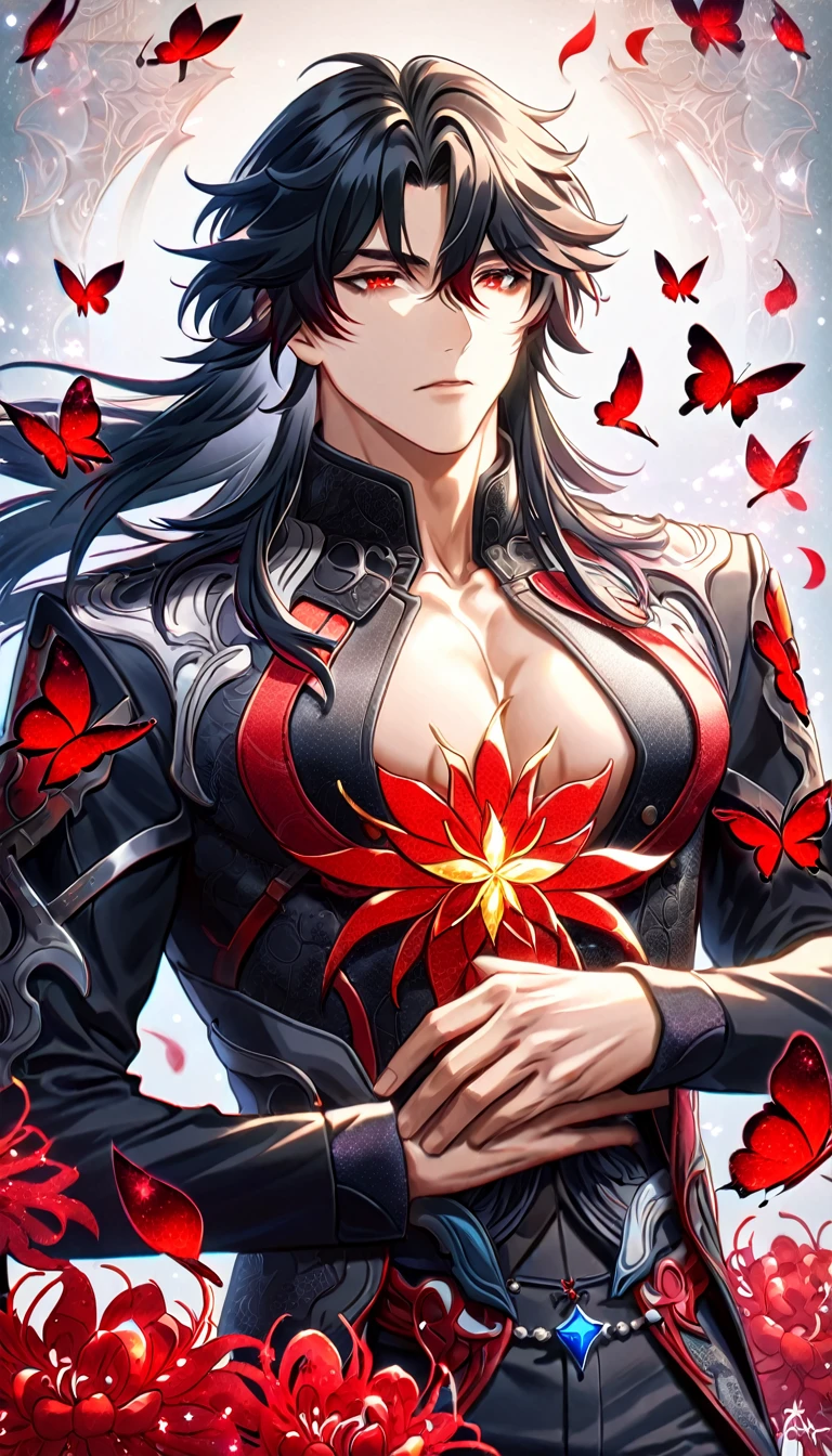 (absurdres, highres, ultra detailed, HDR) master piece, best quality, Ren, black long hair, expressive red eyes, honkai star rail, solo, sexy man, handsome, toned chest, black clothes, patterns, magical fantasy, red butterflies, glittering, sparkling, red spider lilies, petals, radiant