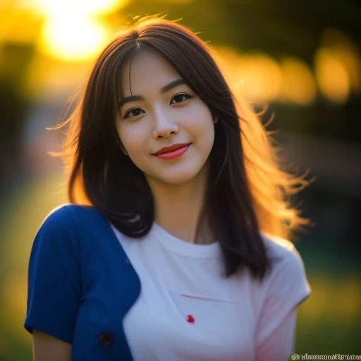 8K images, Shot with a high quality Fuji 45 camera..,000,Raw Photos 45,000,000 pixels,Warm light,) best quality, Masterpiece:1.2), (realistic, photo-realistic:1.37), very detailed,
1 woman,cute, Actions in various postures, alone, red flower,Beautifully detailed sky,at night, Chest 34 inches&quot;, charming smile, wide aperture, Warm light, professional lighting, Sony A7R4, 50 mm sitting lens. ,Beautifully detailed eyes,(T-shirt with red and dark blue pattern, Long hair floats up:1.2),floating hair