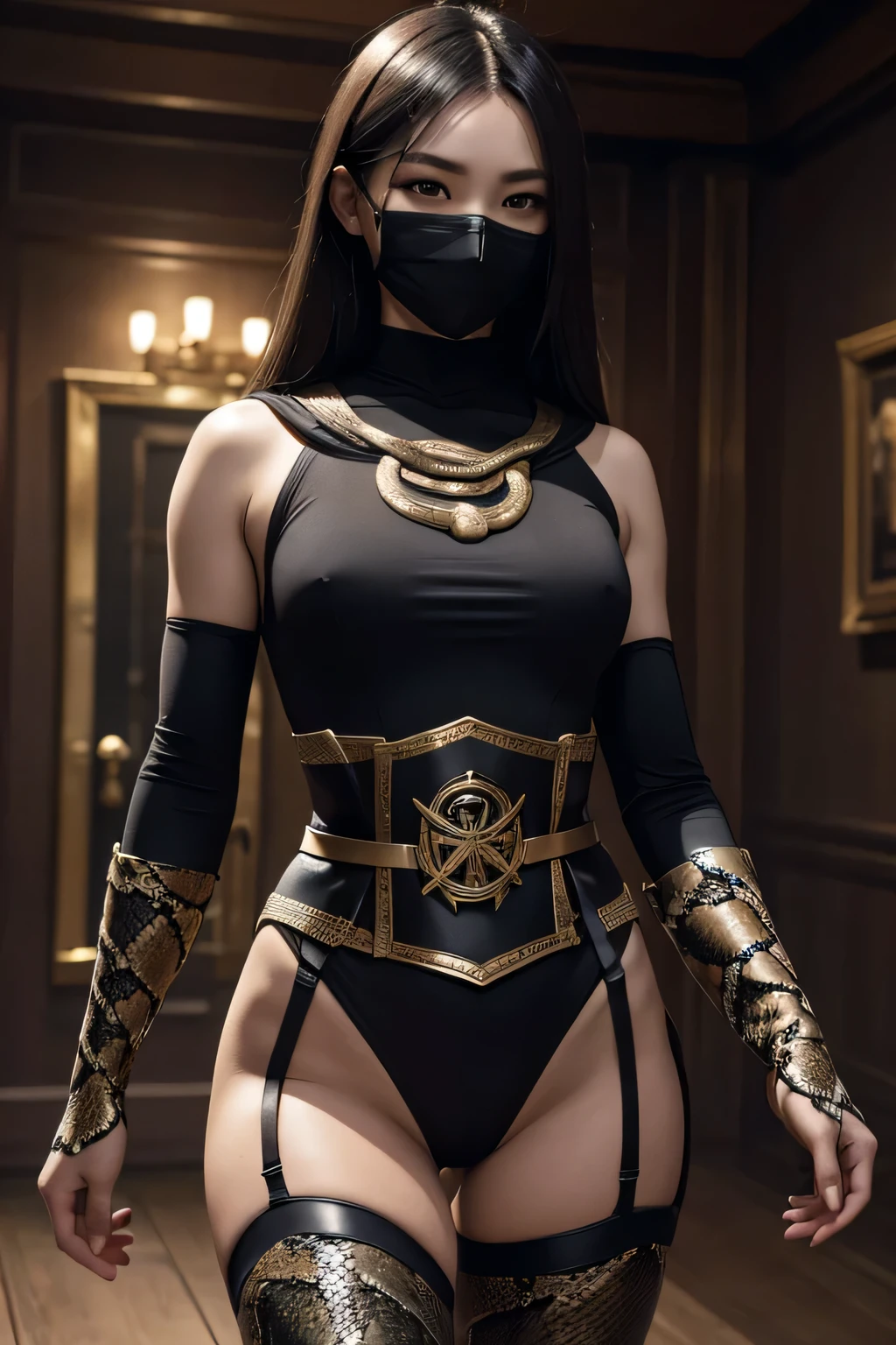 Wearing a full mask with only the eyes exposed、Woman wearing a leotard and tights Around his waist he wears a belt with a snake emblem on it. Background is indoors, UHD, retina, masterpiece, ccurate, anatomically correct, textured skin, super detail, high details, high quality, award winning, best quality, highres