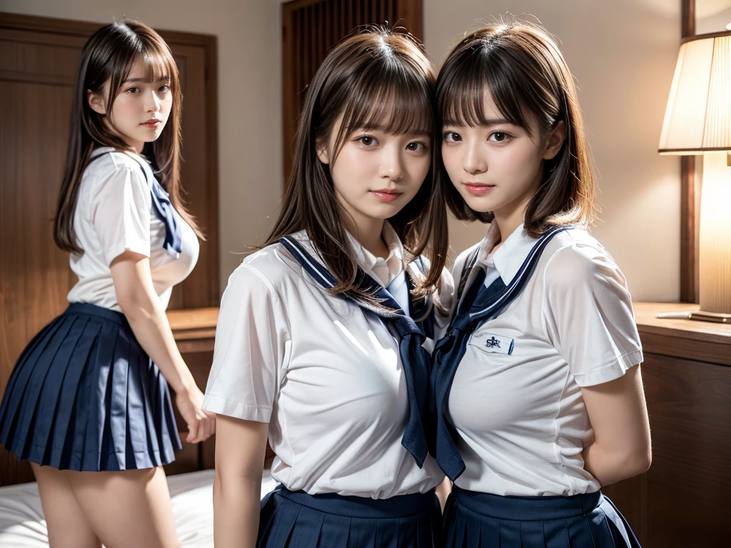 (RAW photo, 4k, masterpiece, high resolution, extremely complex) (realistic: 1.4), cinematic lighting
((2 girls, 2 schoolgirls)),Slam Dunk's,blushing,((innocent)),(Dark makeup),bright eyes,round eyes,blunt bangs,(straight hair:1.3),black hair,large breasts,wide hips,Summer Noon, 20 year old girl、cute type、lolita,Hot, (Best Quality), (Highres), (an Extremely Delicate and Beautiful),(Beautiful 8k face),(Brown eyes),short bob hair,( spectators),(gigantic breasts),(Play with each other,Touching each other's bodies,Touching the body),(Japanese high school uniform:1.3),blue skirt,(reality),bright lighting,(The background is a luxury hotel room)