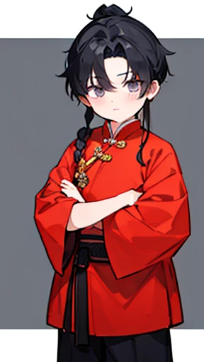 Three Kingdoms、Boy in ancient Chinese costume、Intelligent boy、Looking into the camera、There is a topknot on the head、Long sleeve、Hanfu、Black Hair、Standing and posing with arms crossed、Parting the bangs
