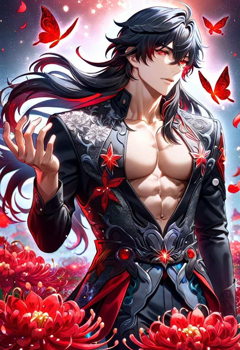 (absurdres, highres, ultra detailed, HDR) master piece, best quality, Ren, black long hair, expressive red eyes, honkai star rail, solo, sexy man, handsome, toned chest, black clothes, patterns, magical fantasy, red butterflies, glittering, sparkling, red spider lilies, petals, radiant