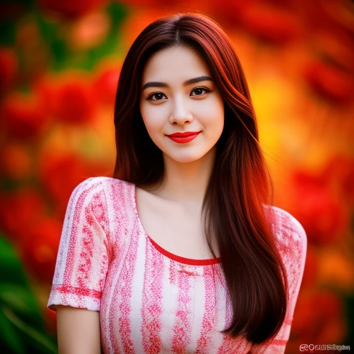 8K images, Shot with a high quality Fuji 45 camera..,000,Raw Photos 45,000,000 pixels,Warm light,) best quality, Masterpiece:1.2), (realistic, photo-realistic:1.37), very detailed,
1 woman,cute, Actions in various postures, alone, red flower,Beautifully detailed sky,at night, Chest 34 inches", charming smile, wide aperture, Warm light, professional lighting, Sony A7R4, 50 mm sitting lens. ,Beautifully detailed eyes,(Bright red patterned t-shirt, Long hair floats up:1.2),floating hair