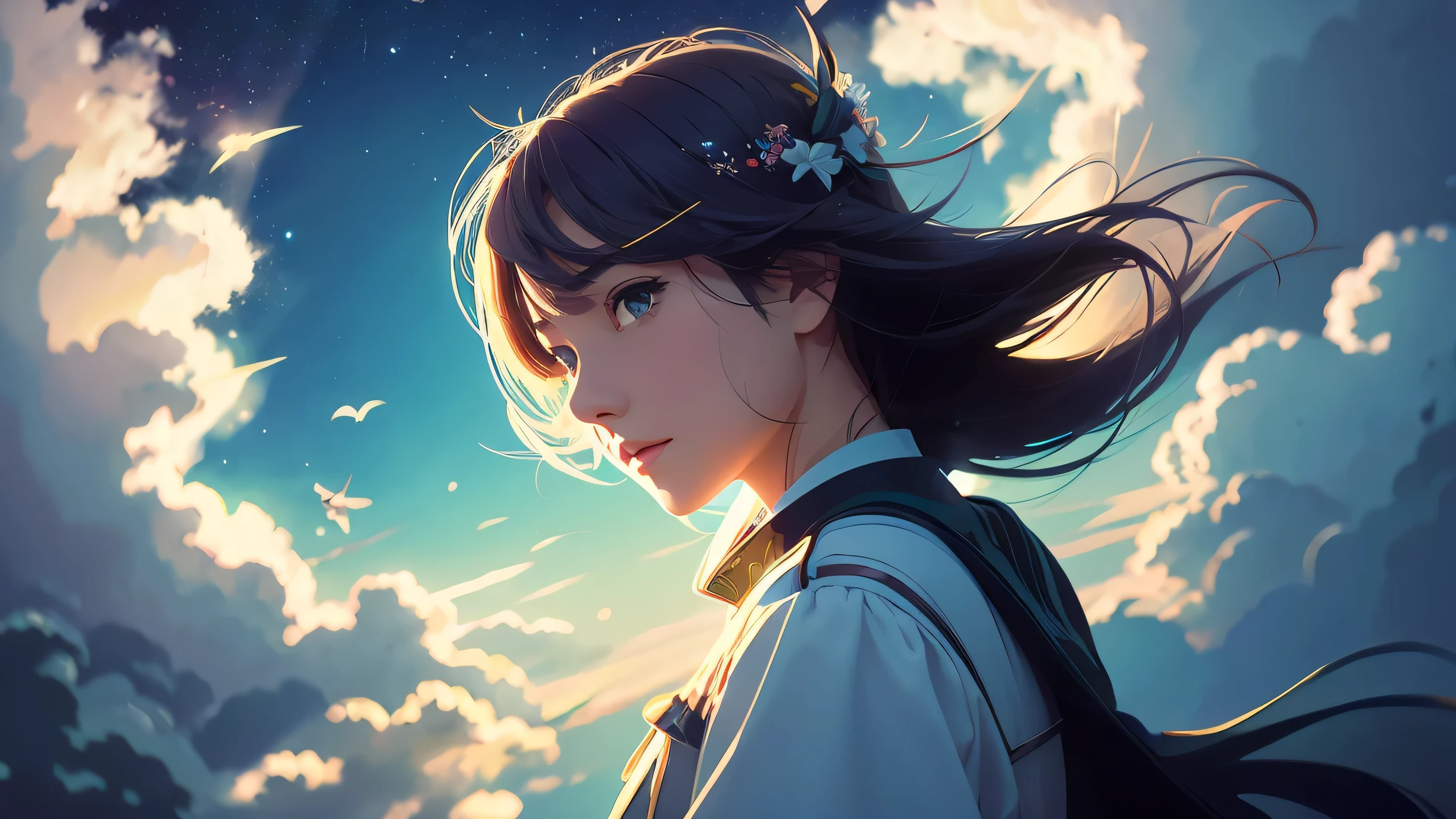 1 girl, eye, close up, beautiful night sky, meteor shower, beyond the clouds, water surrounded, reflections, wide angels, breathtaking clouds, wide angle, by makoto shinkai, thomas kinkade, james gilleard, by holosomnialandscape, hdr, volumetric lighting, ray tracing, an intricate, high details, very detailed, deviantart, 4k vertical wallpaper,, colorful, airy, anime illustration, anime nature wallpaper