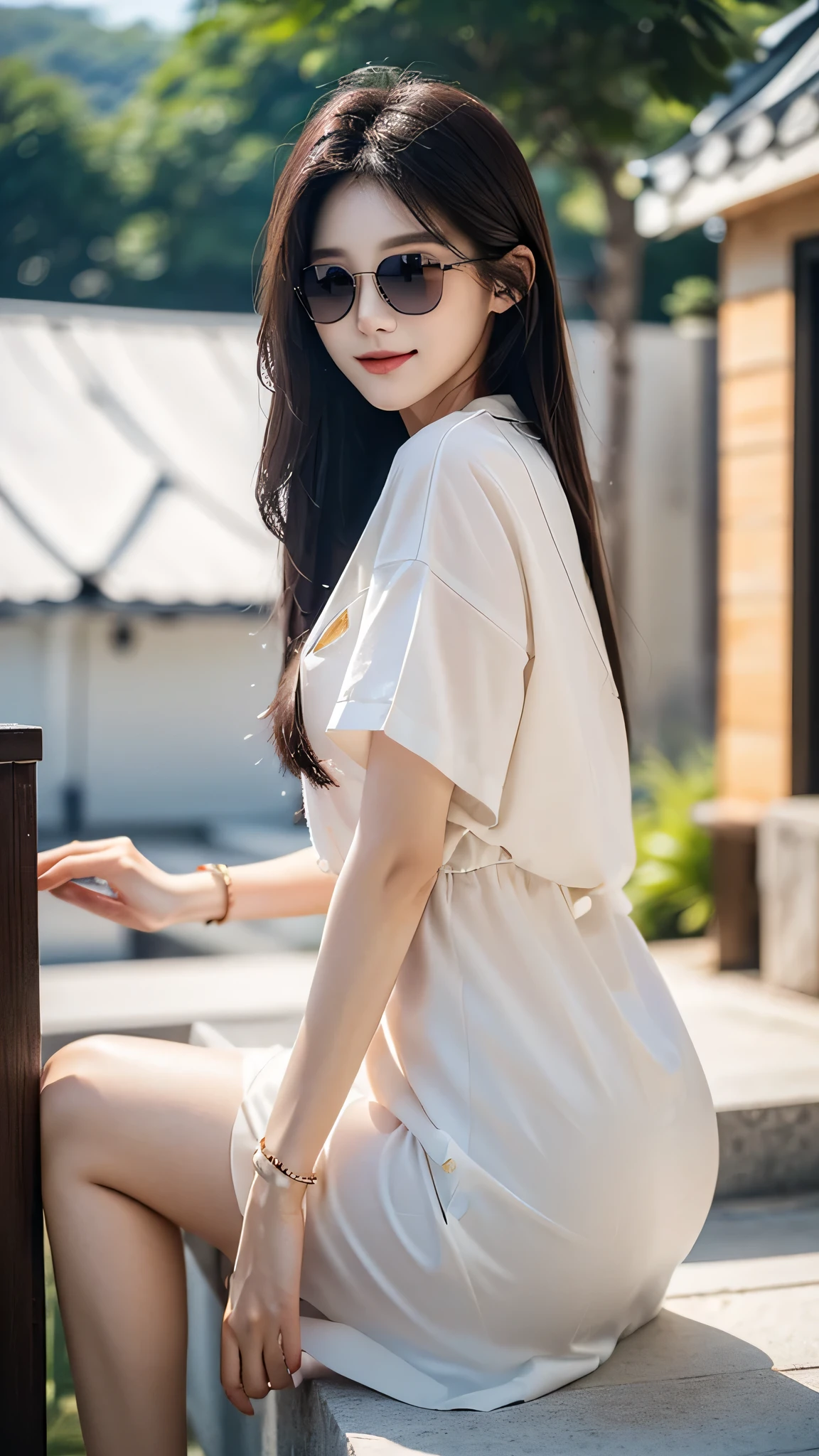 masterpiece、top-quality)、1 beautiful girl、((Wearing black sunglasses )), (Detailed beautiful eyes), ((Detailed skin)) , ((Detailed medium hair)), in the white villa、((Boyish Brown Medium Hair))、((Smaller face))、((Neutral face))、((Face seen from the side))、((Light brown eyes))、((Korean Girl))、((18year old))、((cool lady))、((A shy smile on his face))、((Korean Makeup))、((elongated and sharp eyes))、((Happy dating))、((boyish))、((Shot from the same height as your face)、full body , RAW photos, on the white villa ), ((CG rendering)), ((Blurred background)), ((16K)), ((Very detailed)), ((wallpaper)), ((depth of field)), ((movie light)), (( Ray tracing)).