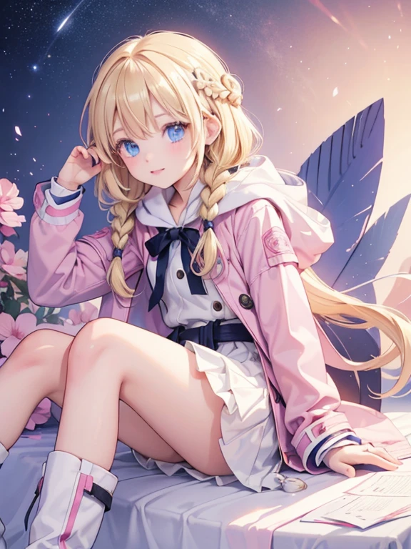 (8k, highest quality, Tabletop:1.2)、Ultra-high resolution, Detailed face, One 10-year-old girl, blue eyes, Blonde, Braid, Long Hair, Hood on head, Pink Coat, gloves, boots, it's snowing, Snow Mountain, Silver World, walk