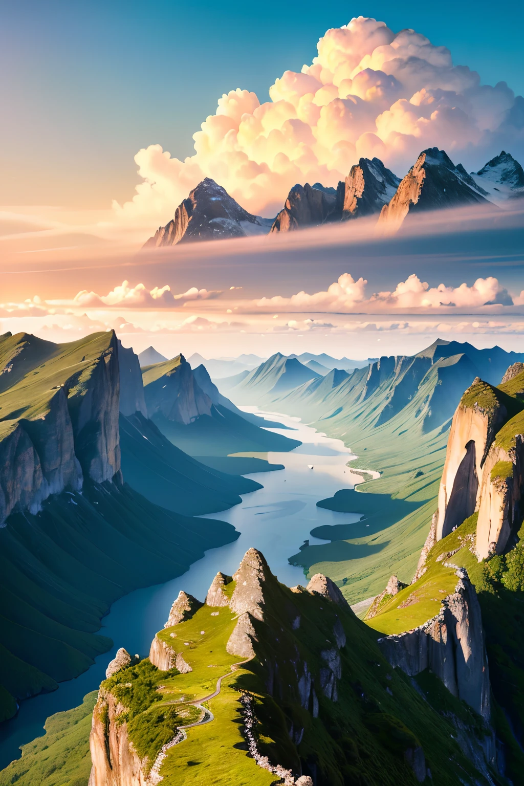 (masterpiece, best quality, 8k, perfect lighting, cinematic lighting, extremely detailed landscape, intricate cloud details, yellowish hue, extensive mountain ranges, miniature oceanic bodies, peely ocean surfaces, golden hour, hyperdetailed, accurate details, ample nimbus clouds, hyperrealistic, detailed mountains, accurate textures, vivid, lush greenery, vibrant vegetation, realistic flora, mountain peaks poking through, aerial perspective, mountainous terrain, dramatic perspective, grandiose, overwhelming, breathtaking).