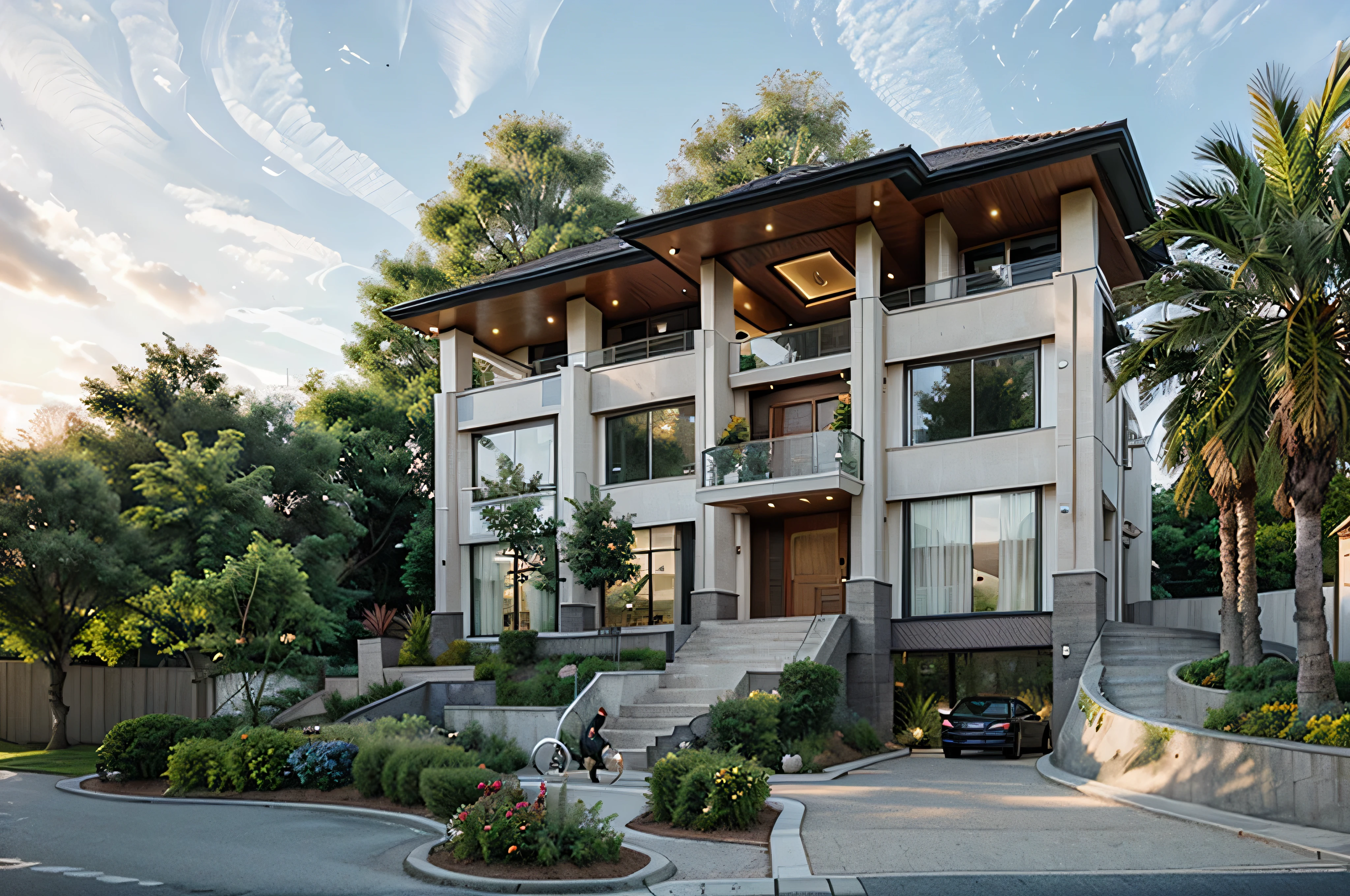 Exterior, morden house, dynamic light, curve linear, busy traffic, "The sidewalks have many trees", (car), ((wide sidewalk)), (background trees)