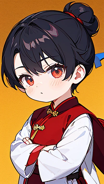 Three Kingdoms、Boy in ancient Chinese costume、Intelligent boy、Looking into the camera、There is a topknot on the head、Long sleeve、Hanfu、Black Hair、Standing and posing with arms crossed、Parting the bangs