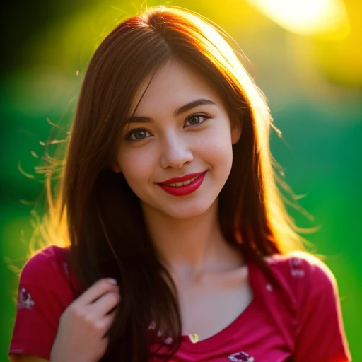 8K images, Shot with a high quality Fuji 45 camera..,000,Raw Photos 45,000,000 pixels,Warm light,) best quality, Masterpiece:1.2), (realistic, photo-realistic:1.37), very detailed,
1 woman,cute, Actions in various postures, alone, red flower,Beautifully detailed sky,at night, Chest 34 inches&quot;, charming smile, wide aperture, Warm light, professional lighting, Sony A7R4, 50 mm sitting lens. ,Beautifully detailed eyes,(Bright red patterned t-shirt, Long hair floats up:1.2),floating hair