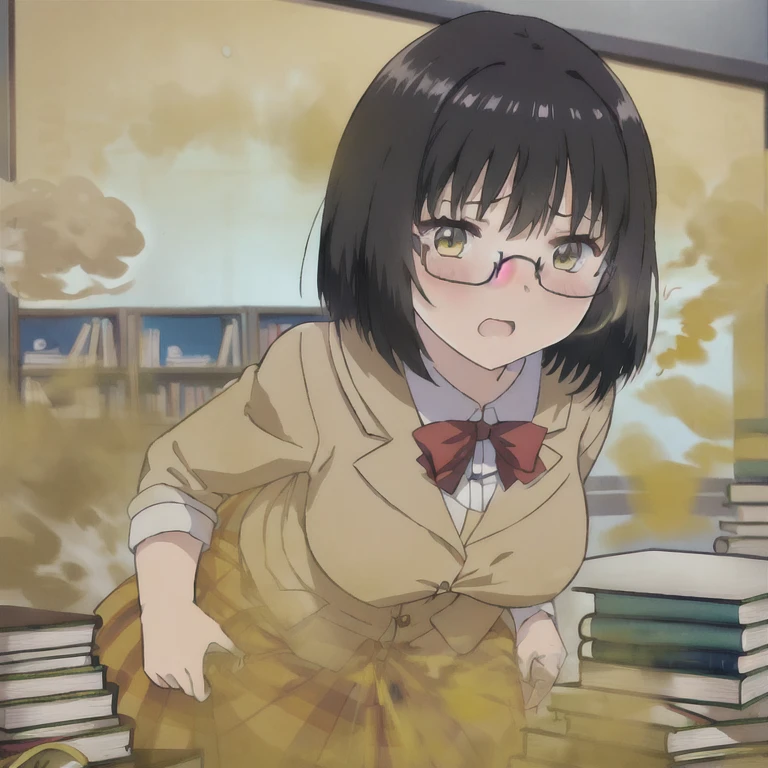 (((Schoolgirl))),wear ,tomboy haircut,Yellow smoke,Attacked by farts, Attack with farts,)),(attacks with farts)),((short tomboy hair and glasses)),velocity,, (((Yellow smoke is rising ))),((Hip Attack)),((fart while holding stomach),((Facing this way))),(Black and long hair),​masterpiece:1.2、top-quality)、(the Extremely Detailed CG Unity 8K Wallpapers、ultra-detailliert、Best Shadows)、(Detailed background)、(The best lighting、extremely delicate and beautiful)、depth of fields,((Girl fart)),(big fart),(((((There is textbooks on the table in front of female student.......))))),(((female student attacks with a hip attack..))),(((high-handed female model)),(Matured looks),(((girl enjoys the fart smell))),()),(,((fart text)),(THE TEXT:BBRRPPHHH)),((class room))