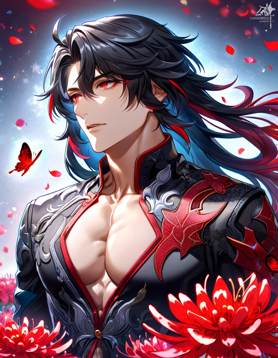 (absurdres, highres, ultra detailed, HDR) master piece, best quality, Ren, black long hair, expressive red eyes, honkai star rail, solo, sexy man, handsome, toned chest, black clothes, patterns, magical fantasy, red butterflies, glittering, sparkling, red spider lilies, petals, radiant