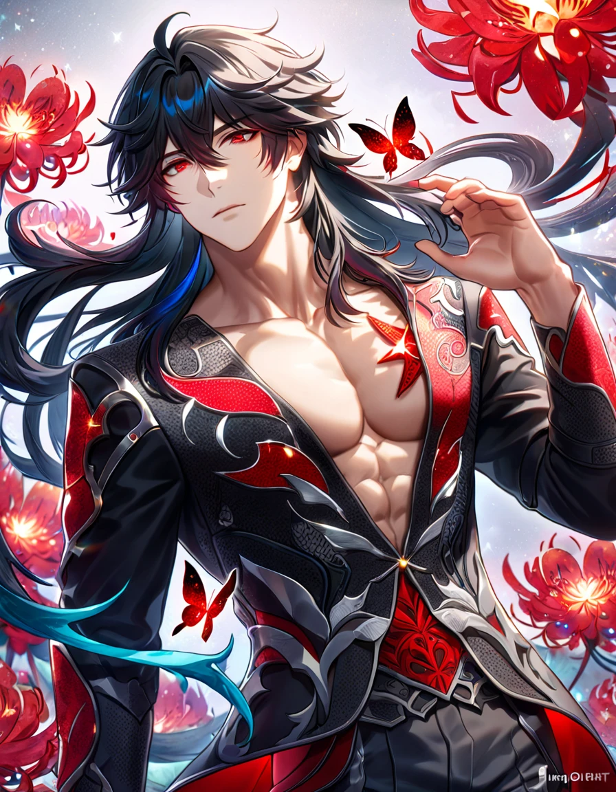 (absurdres, highres, ultra detailed, HDR) master piece, best quality, Ren, black long hair, expressive red eyes, honkai star rail, solo, sexy man, handsome, toned chest, black clothes, patterns, magical fantasy, red butterflies, glittering, sparkling, red spider lilies, petals, radiant