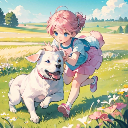 A white dog as big as a horse、Dog with black toes、One 、7 years old、Big eyes、blue eyes、Pink Hair、short hair、T-Shirts,mini skirt,Pink Pochette,Pink sneakers、Running astride a dog、flower,grassland、