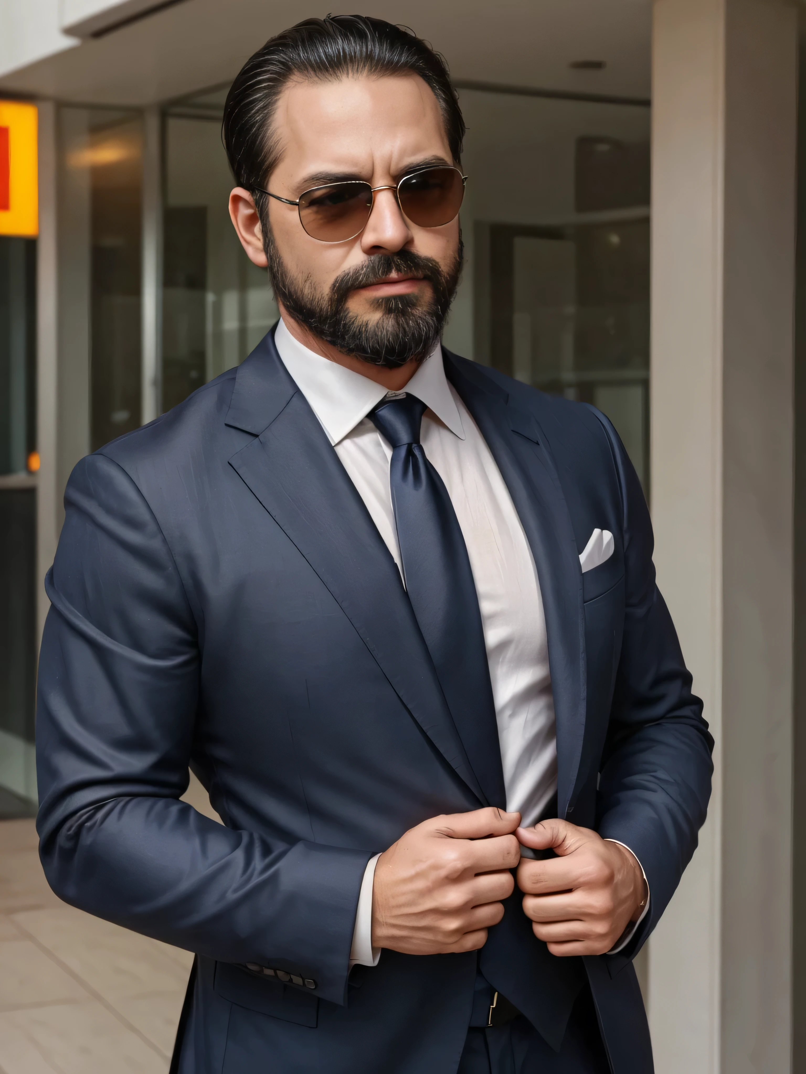 A 38-year-old man with a well-groomed beard and stylish sunglasses, dressed in very elegant clothing. He is wearing a tailored, dark navy blue suit with a crisp white dress shirt, and a sophisticated silk tie. The suit jacket is perfectly fitted, with a subtle sheen that reflects high quality. His sunglasses are sleek and modern, with thin metal frames. The man has an air of confidence and sophistication, captured in a medium shot focusing on his upper body. The background is a soft, blurred urban setting, highlighting his refined fashion sense without distracting from his elegant attire.