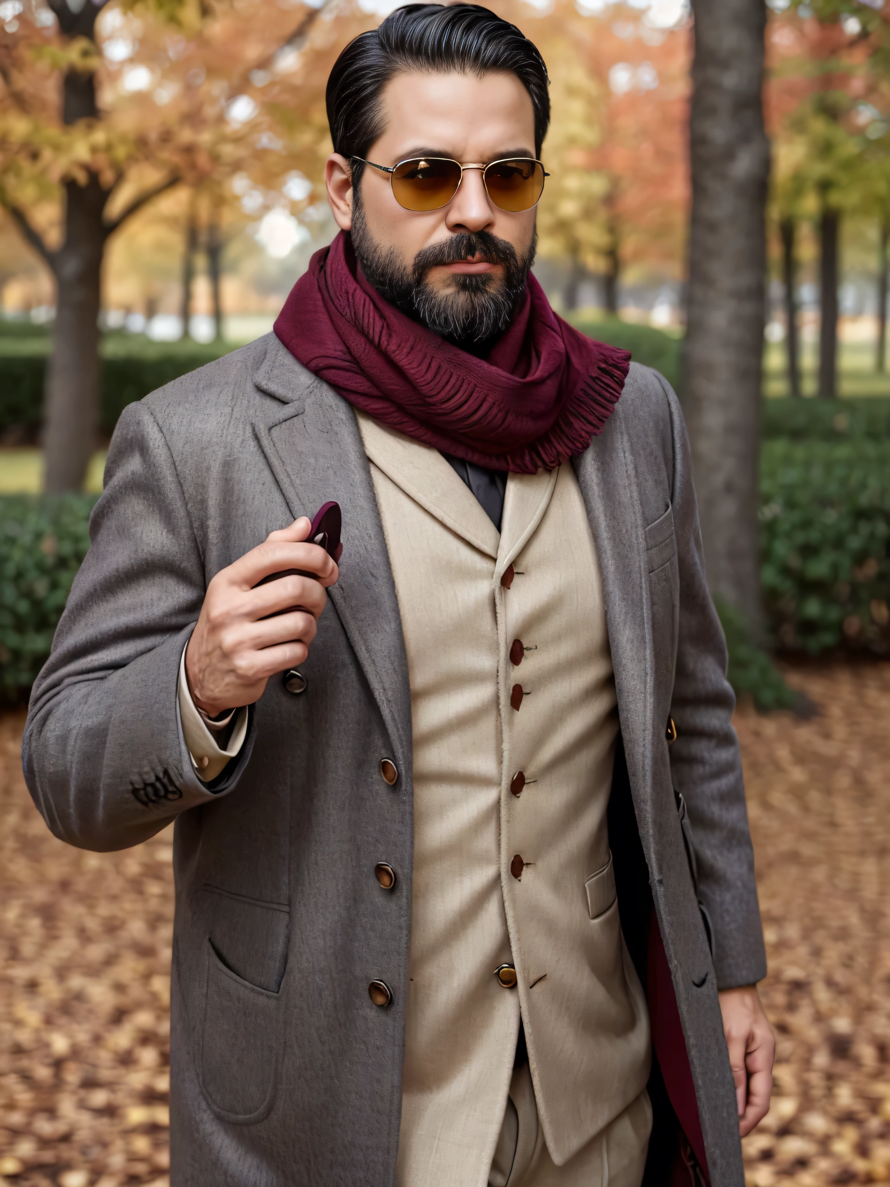 An elegant 38-year-old man with a neatly trimmed beard and designer sunglasses, capturing the essence of autumn elegance. He wears a luxurious wool overcoat in rich burgundy, paired with a soft, cashmere scarf in shades of burnt orange and cream. Beneath the coat, he sports a dark grey vest over a light grey dress shirt, creating a sophisticated layering effect. His sunglasses have a classic aviator shape with a slight modern twist in the detailing. The setting is a serene autumn park with leaves in shades of gold and red softly blurred in the background, emphasizing the man's fashionable presence in a medium shot of his upper body