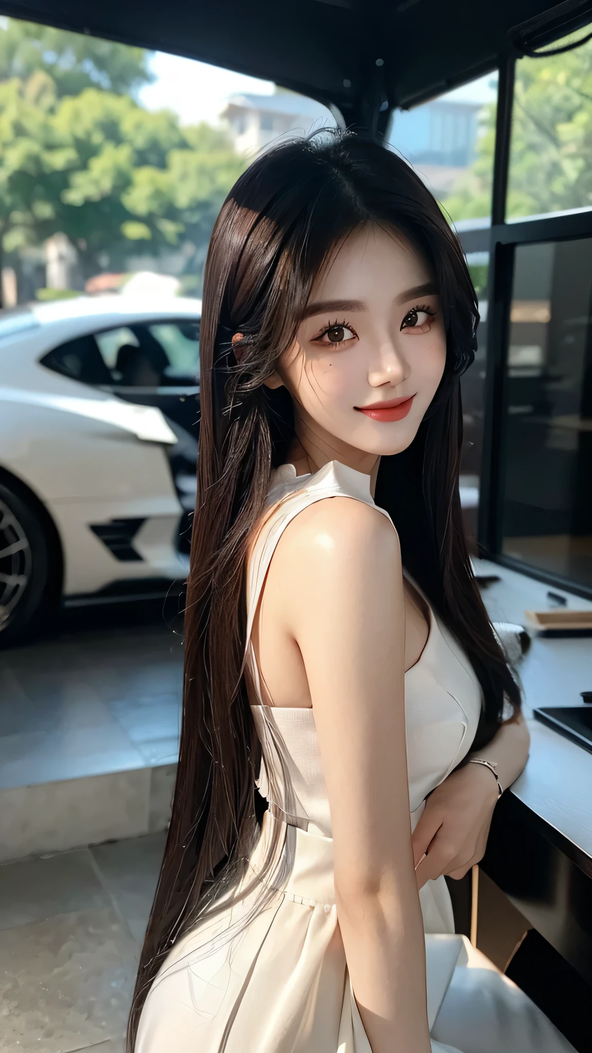 ​masterpiece、top-quality)、1 beautiful girl、((Wearing black sunglasses )), (Detailed beautiful eyes), ((Detailed skin)) , ((Detailed medium hair)), in the white villa、((Boyish Brown Medium Hair))、((Smaller face))、((Neutral face))、((Face seen from the side))、((Light brown eyes))、((Korean Girl))、((18year old))、((cool lady))、((A shy smile on his face))、((Korean Makeup))、((elongated and sharp eyes))、((Happy dating))、((boyish))、((Shot from the same height as your face)、full body , RAW photos, on the white villa ), ((CG rendering)), ((Blurred background)), ((16K)),  ((Very detailed)), ((wallpaper)), ((depth of field)), ((movie light)), (( Ray tracing)).